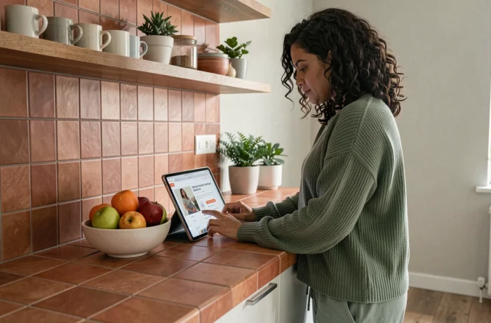 Pregnant woman exploring the sections of a maternity website on a tablet in a modern kitchen