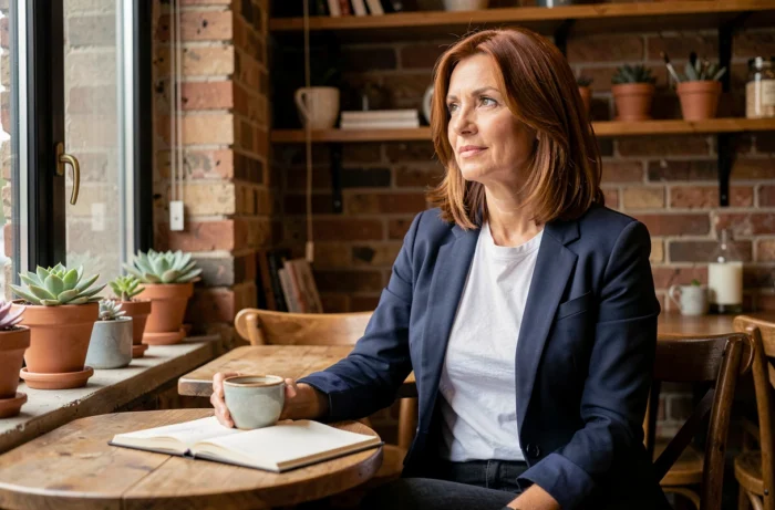 Mature and fulfilled woman in a European café with a notebook and coffee, illustrating feminine inspiration and life balance