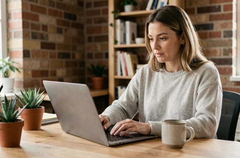 Femme consultant des petites annonces en ligne sur un laptop dans un bureau à domicile moderne