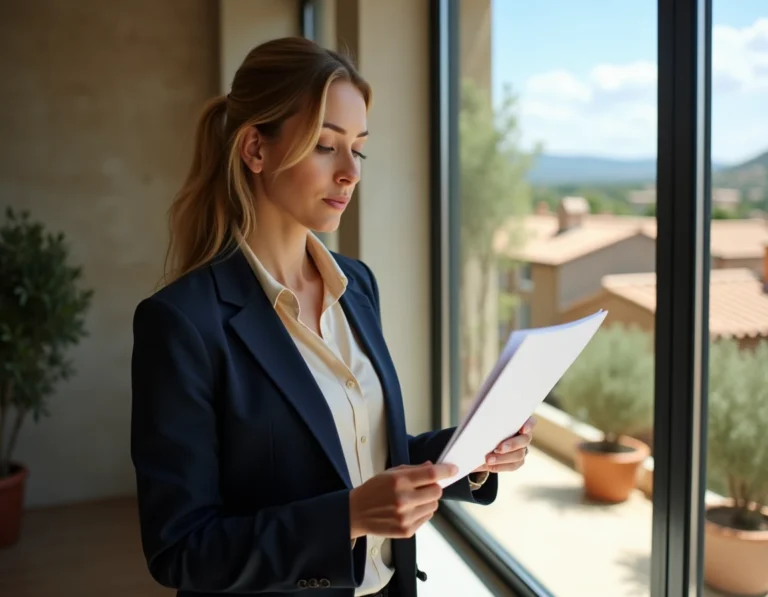 Femme professionnelle examinant des documents de location de bureaux dans un espace de coworking moderne à Aix-en-Provence avec vue sur les toits provençaux