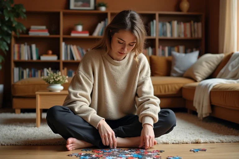 Femme assemblant un puzzle coloré dans un salon cosy, activité de loisir créatif à domicile