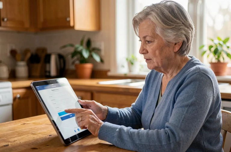 Femme senior utilisant une tablette pour s'inscrire sur Quintonic dans une cuisine chaleureuse