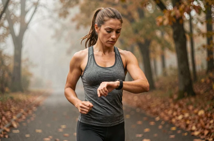 Femme sportive qui consulte sa montre connectée pendant une course sur un sentier urbain en automne
