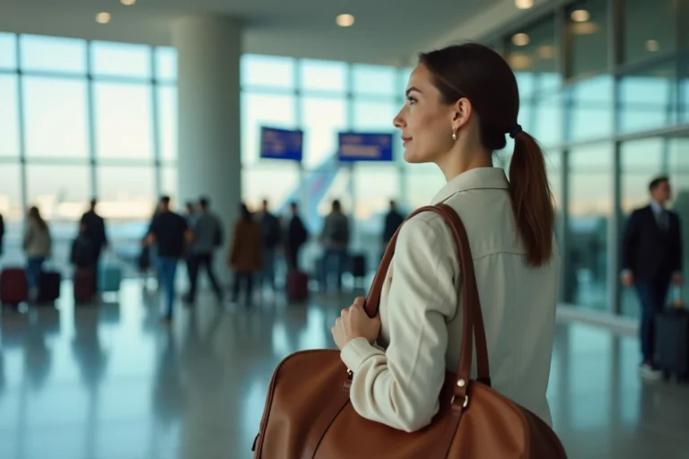Femme voyageuse dans un terminal d'aéroport international consultant le tableau des départs en 2024