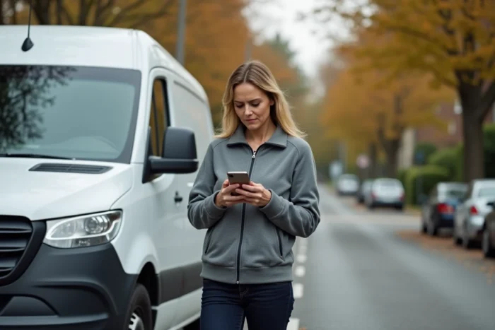 Femme consulant son téléphone à côté de son Mercedes Vito suite à l'allumage d'un voyant orange