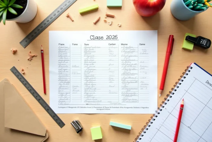 Vue aérienne d'une fiche classe 2026 remplie entourée de fournitures scolaires sur un bureau en bois