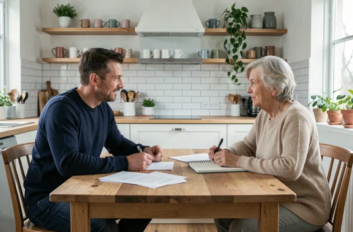 Fils adulte discutant avec sa mère âgée autour d'une table de cuisine, conseils pratiques pour accompagner les parents