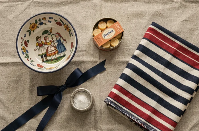 Flat lay éditorial d'accessoires bretons authentiques incluant bol en faïence de Quimper, écharpe rayée et produits du terroir sur toile de lin