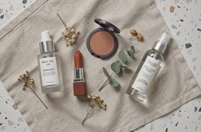 Flat lay of new trendy beauty products of the month arranged on a linen fabric and terrazzo surface