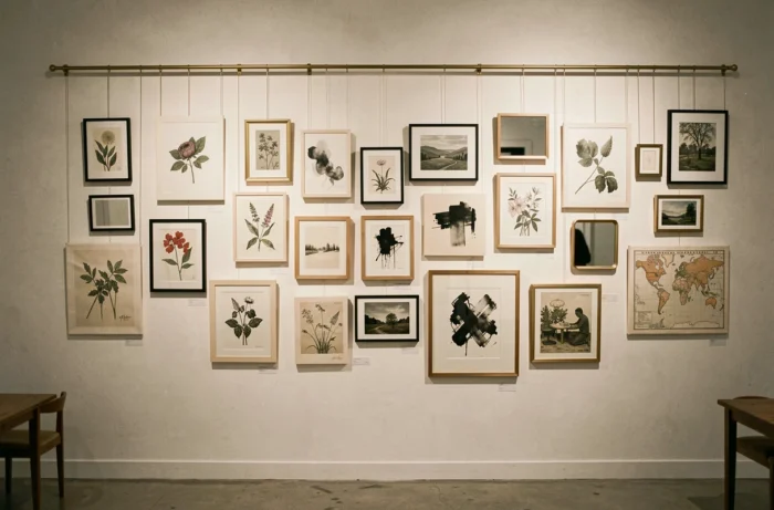 Galerie murale évolutive suspendue à une cimaise avec fils laiton, mêlant cadres, miroirs et toiles en composition personnalisable sans percer les murs