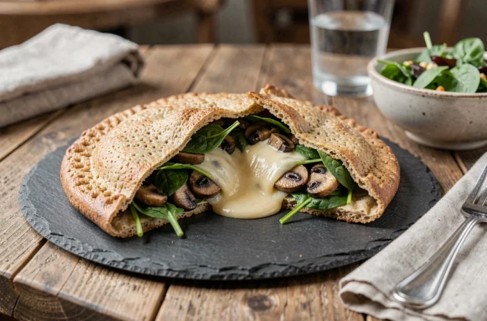 Buckwheat galette filled with fresh spinach, sautéed mushrooms, and melted emmental
