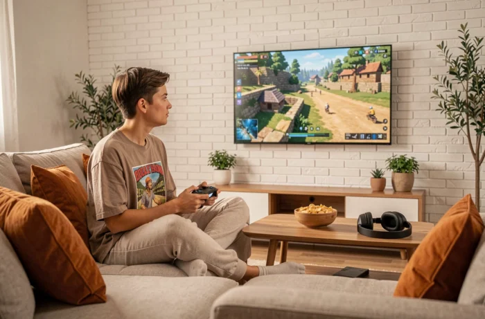 Femme adulte jouant aux jeux vidéo sur console dans un salon cosy avec manette nouvelle génération et TV grand écran
