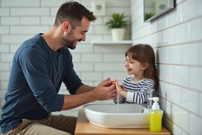 Garde d'enfant masculin aidant une petite fille à se laver les mains, service de babysitting Kids Sitter au quotidien