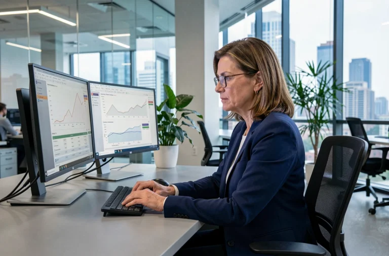 Femme cadre analysant des tableaux financiers sur deux écrans dans un bureau moderne pour optimiser la gestion financière de son entreprise