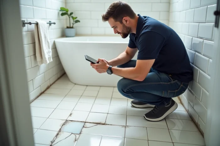 Gestionnaire de location courte durée photographiant des carrelages cassés dans la salle de bain pour déclarer un sinistre Airbnb