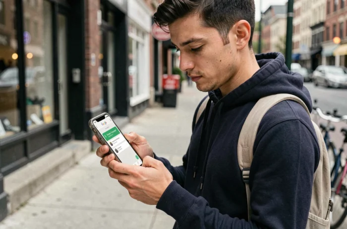 Homme en ville utilisant Google Traduction en mode hors ligne sur son smartphone, avec un pack de langue téléchargé affiché à l'écran