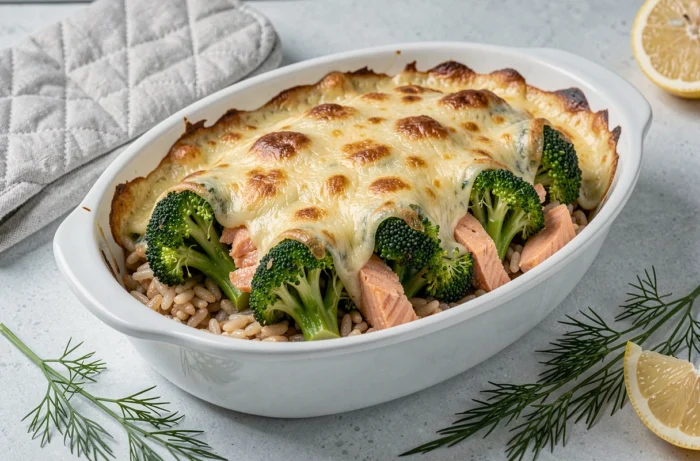 Broccoli gratin with salmon and brown rice topped with a golden cheese crust
