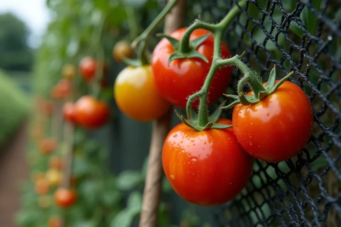 Gros plan sur un filet d'ombrage protégeant des tomates mûres sur pied au potager
