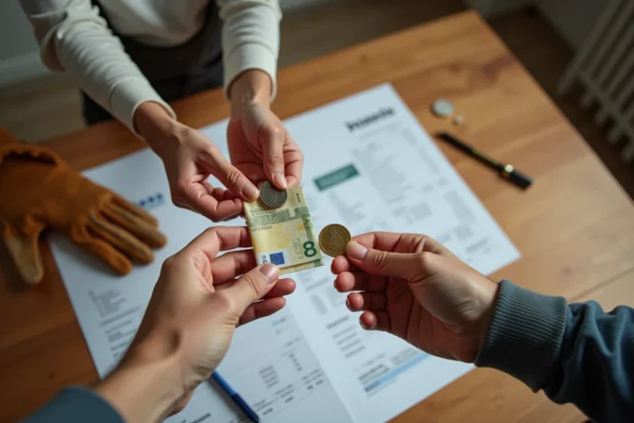 Gros plan sur l'échange d'argent entre un propriétaire et un artisan après des travaux à domicile