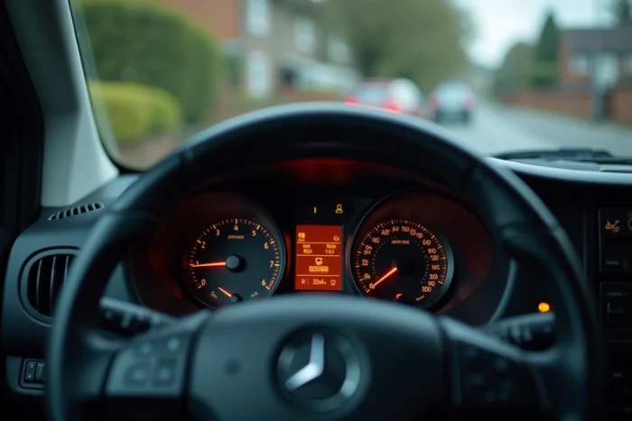 Gros plan sur le voyant orange allumé dans le tableau de bord d'un Mercedes Vito