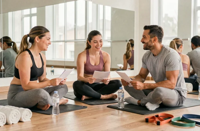 Groupe de sportifs assis sur des tapis de yoga en train de discuter de leurs objectifs et stratégies d'entraînement après une séance