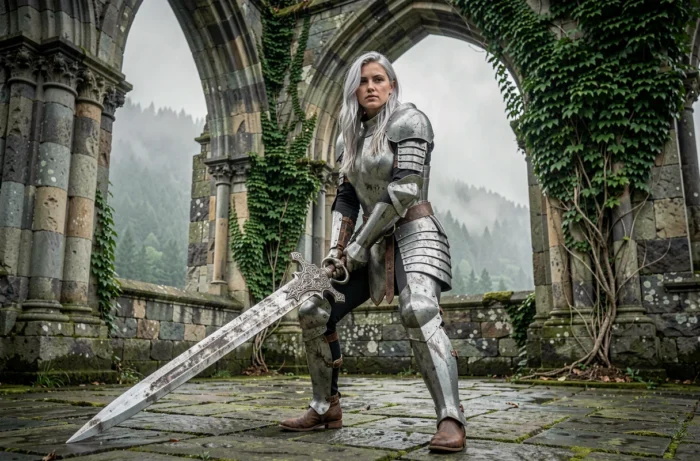 Jeune femme en armure médiévale tenant une épée claymore dans des ruines de pierre envahies par la végétation