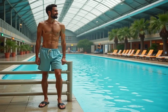 Homme seul profitant d'un parc aquatique parisien presque vide tôt le matin pour éviter l'affluence du week-end à Aquaboulevard