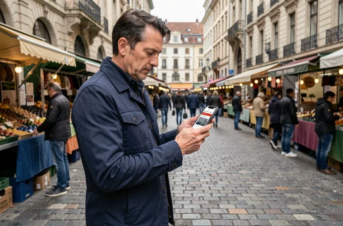Homme consultant une application de petites annonces sur smartphone dans un marché urbain animé