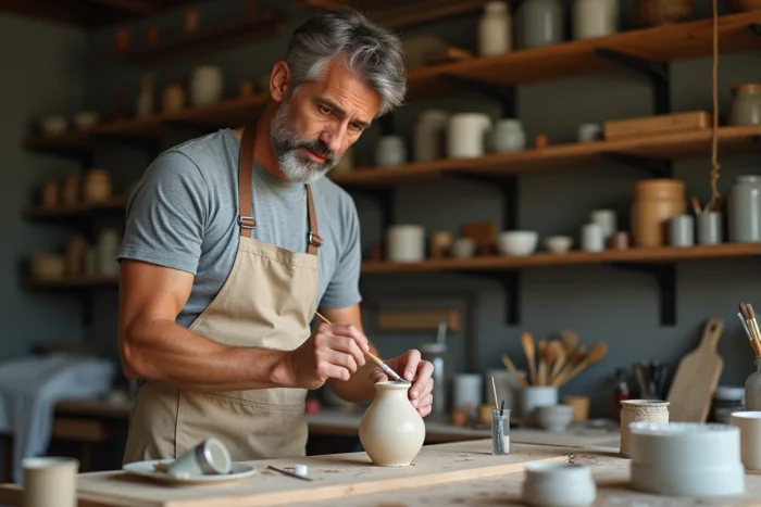 Homme peignant un vase en céramique dans un atelier créatif, activité manuelle et artistique pour les loisirs
