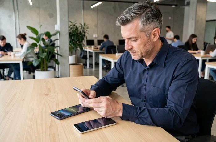 Homme d'affaires analysant deux modèles de smartphones Samsung sur un bureau en bois dans un espace de coworking