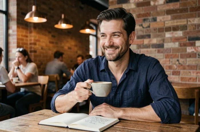 Homme souriant dans un café en lisant une citation manuscrite dans son carnet, symbole de confiance personnelle et de positivité quotidienne