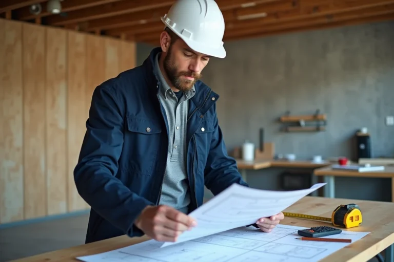 Homme portant un casque de chantier blanc qui examine des plans de rénovation sur un établi en bois dans une cuisine en travaux
