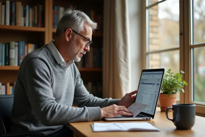 Homme consultant son compte à terme en ligne depuis son bureau à domicile pour optimiser son épargne en 2026