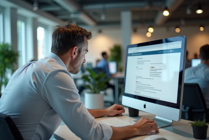 Homme en bureau professionnel consultant un guide de dépannage pour résoudre une erreur sur un portail gouvernemental