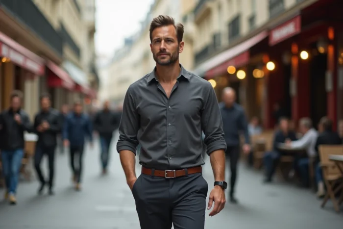 Homme élégant marchant dans une rue parisienne, style reportage éditorial urbain