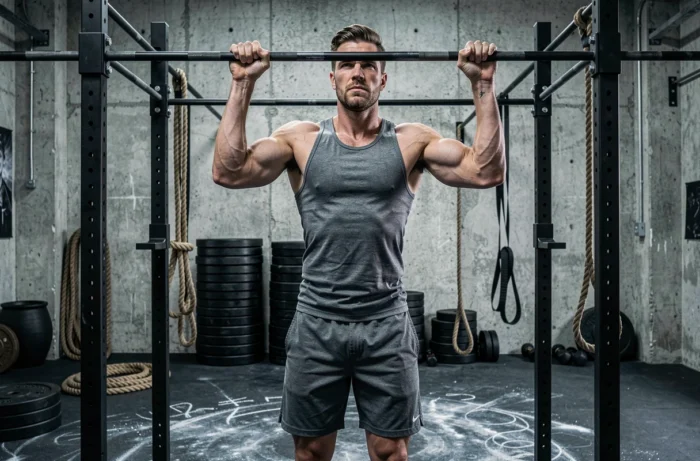 Homme s'entraînant à la barre de traction dans une salle de sport fonctionnelle avec une expression de concentration intense