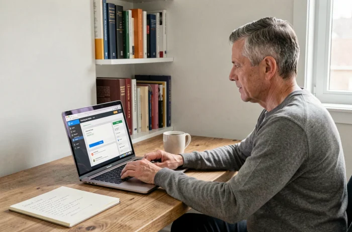 Homme en télétravail suivant une formation en ligne sur un MacBook Pro dans un bureau à domicile organisé
