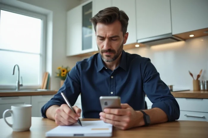 Homme consultant une application de gestion financière sur smartphone dans une cuisine moderne