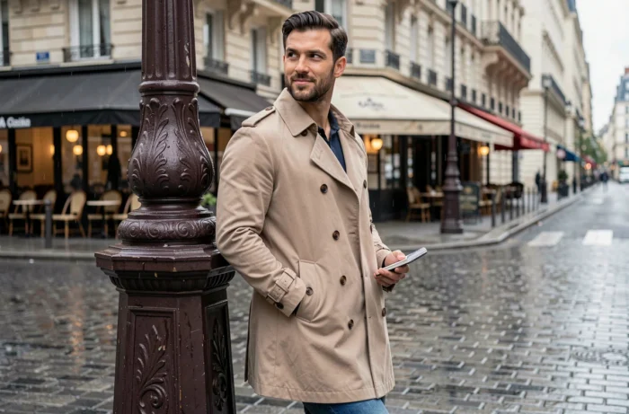 Homme en imperméable beige appuyé contre un lampadaire sur un boulevard parisien pluvieux, évoquant City Hunter