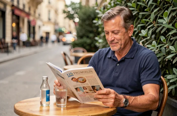 Homme lisant un magazine santé en terrasse avec une bouteille d'eau minérale, illustrant l'intérêt des consommateurs pour les effets de l'eau Saint Antonin