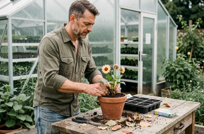 Homme en train de repiquer un dahlia dans un pot en terre cuite sur un établi de jardinage en bois, avec une serre en arrière-plan