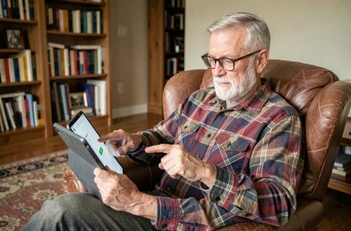 Homme retraité apprenant à se connecter à Quintonic sur tablette dans son salon