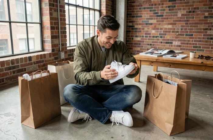 Homme trendy assis entouré de sacs de shopping et de chaussures dans un appartement style loft industriel