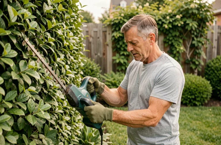 Homme utilisant un taille-haie électrique filaire pour entretenir une haie dense dans un jardin suburban