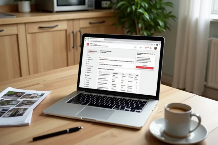 Bureau d'un hôte Airbnb remplissant un formulaire de garantie en ligne après des dégradations dans son logement