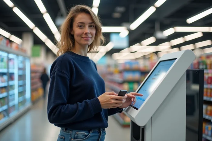 Femme utilisant une borne d'impression en libre-service dans un hypermarché Leclerc