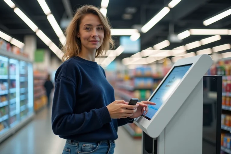 Femme utilisant une borne d'impression en libre-service dans un hypermarché Leclerc