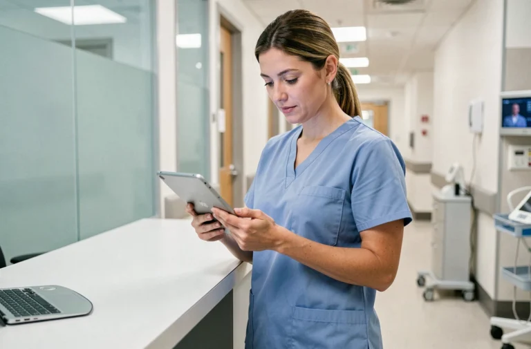 Infirmière consultant une tablette numérique à son poste de travail dans un couloir d'hôpital moderne