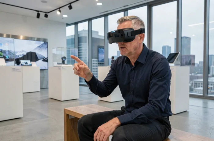 Homme testant un casque de réalité mixte dans un showroom technologique futuriste en 2024