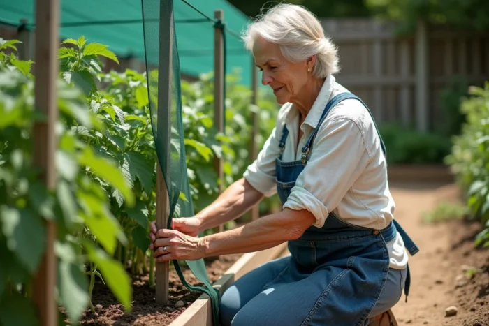 Femme installant un filet d'ombrage sur des plants de tomates dans un potager surélevé en été